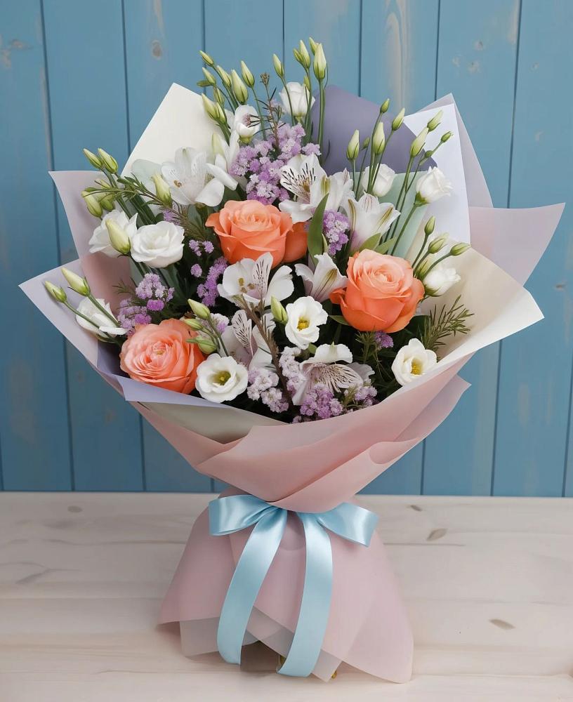 Букет цветов из: Лизиантусы, Розы, Альстромерии и Гипсофила в Некрасовской